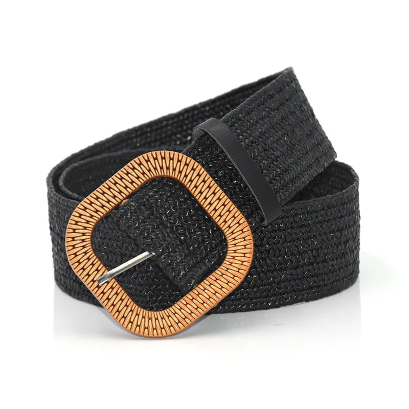 Simple fashion straw elastic waist girdle women's accessories dress body shaping belt wooden buckle waist girdle