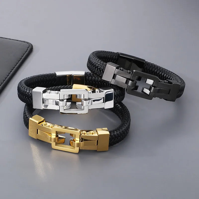 Simple Style Geometric Pu Leather Braid 18K Gold Plated Men's Bangle
