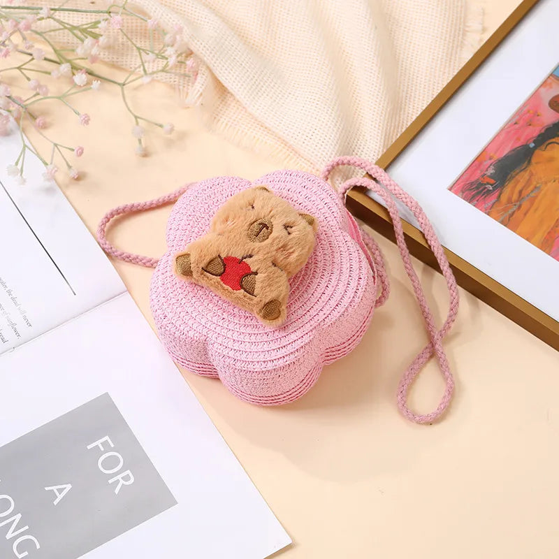 Summer Woven Bag  New Children's Cute Capibala Seaside Vacation Straw Woven Bag Crossbody Coin Purse