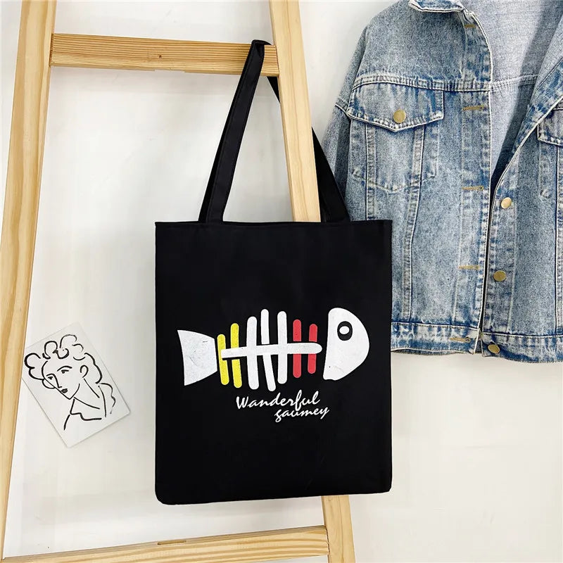 Women's Cute Basic Animal Letter Fruit Canvas Shopping bags