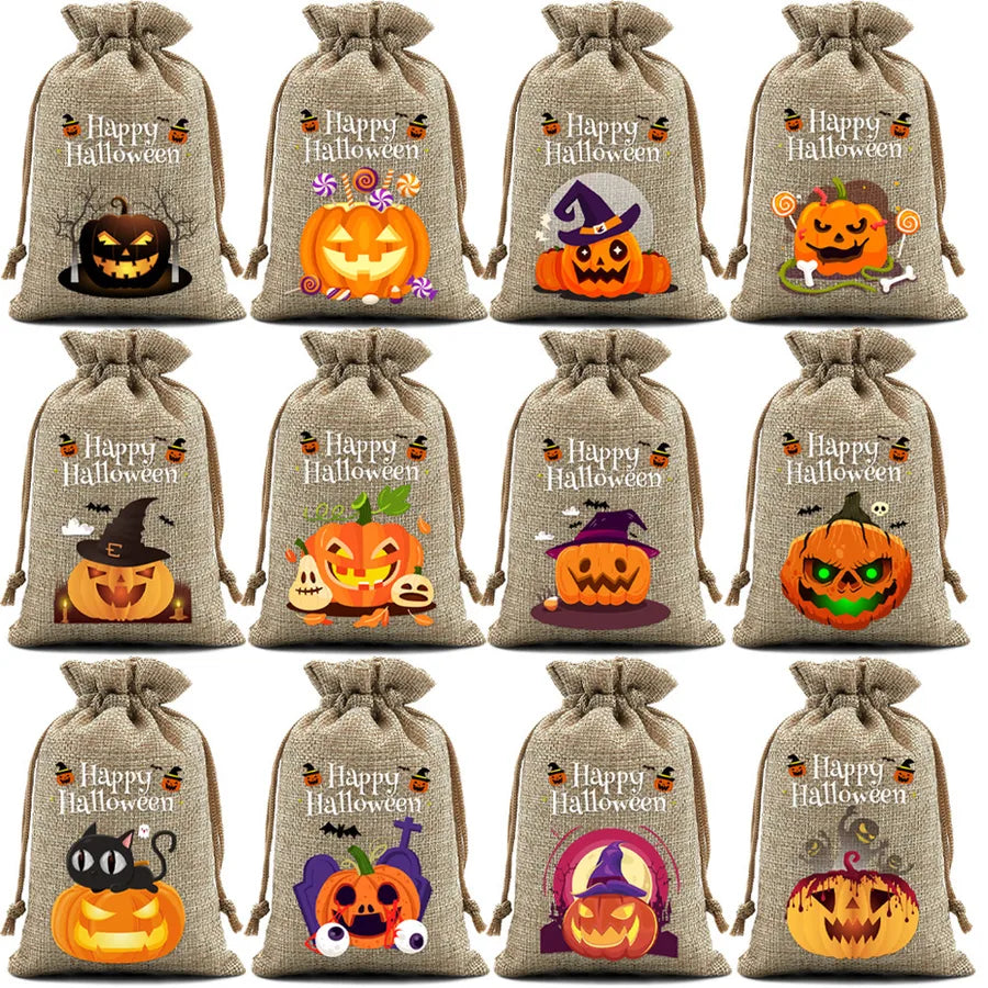 2025 New Halloween Linen Drawstring Gift Bag Pumpkin Shaped Sealed Mouth Bag Cartoon Style Heat Transfer Process Ladies Handbag