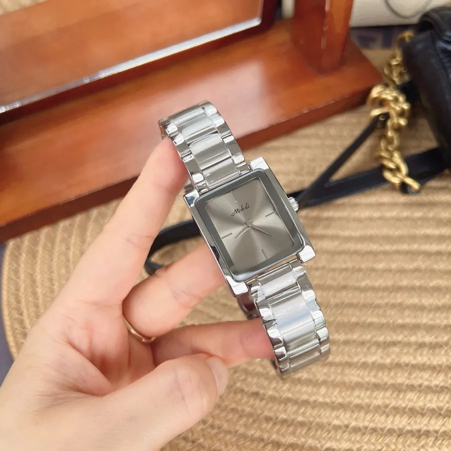 Mishali Large Dial Stainless Steel Strap Women's Watch Fashionable Minimalist Square Face Quartz Movement Butterfly Buckle Clasp