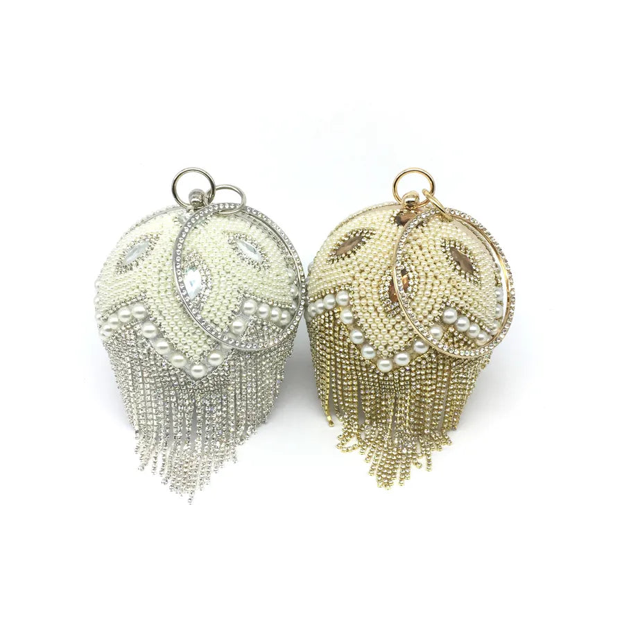 gold silver rhinestone solid color tassel pearl round evening bags