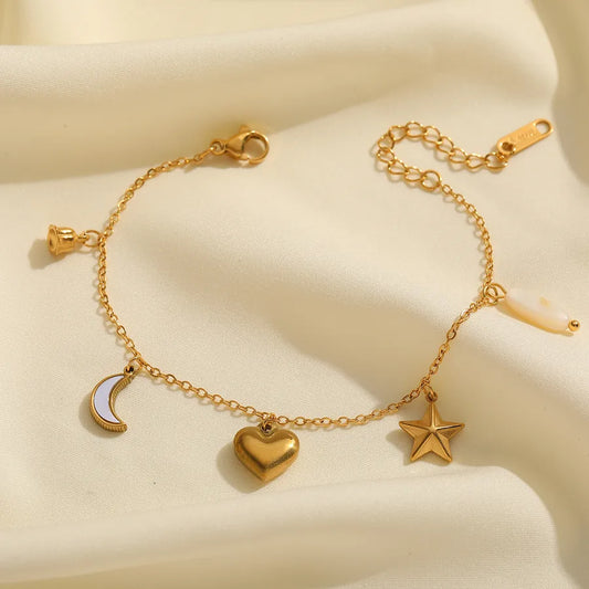 Casual Cute Lady Geometric Heart Shape 304 Stainless Steel 18K Gold Plated Acrylic cable chain Multi Charms Bracelet In Bulk