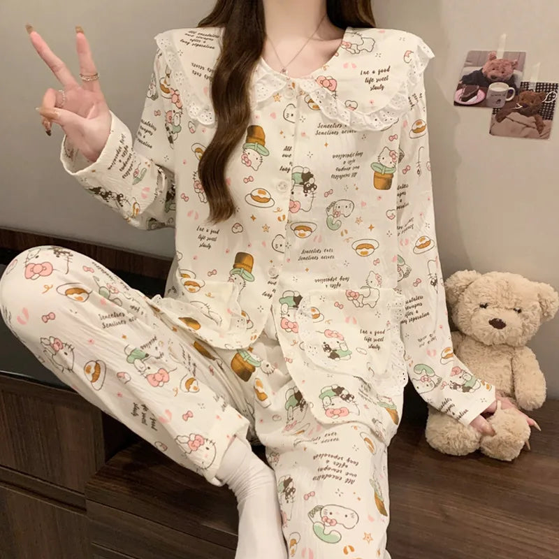 Sweet Cherry Cloud Cotton Long Sleeve Spring Home Clothes Set For Girls Comfortable Breathable Sleepwear Casual Style