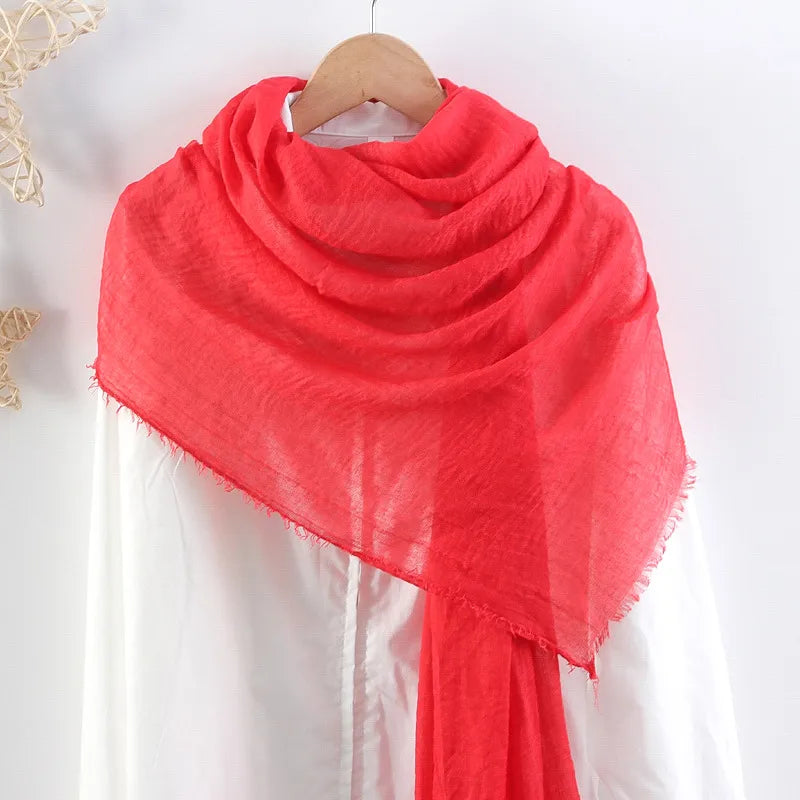 Hot selling solid color pleated cotton and linen scarf  women's bag headscarf crumpled hair fringe bubble scarf women's scarf cover head