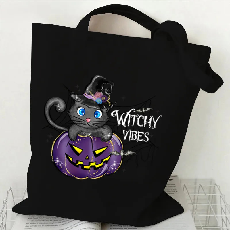 Halloween Printed Canvas Bag Single Shoulder Foldable Handbag Shopping Bag Large Size Square Shape Tote Bag With Double Strap