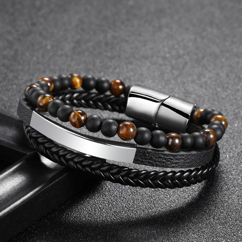 1 piece fashion round pu leather alloy beaded layered patchwork men's bracelets