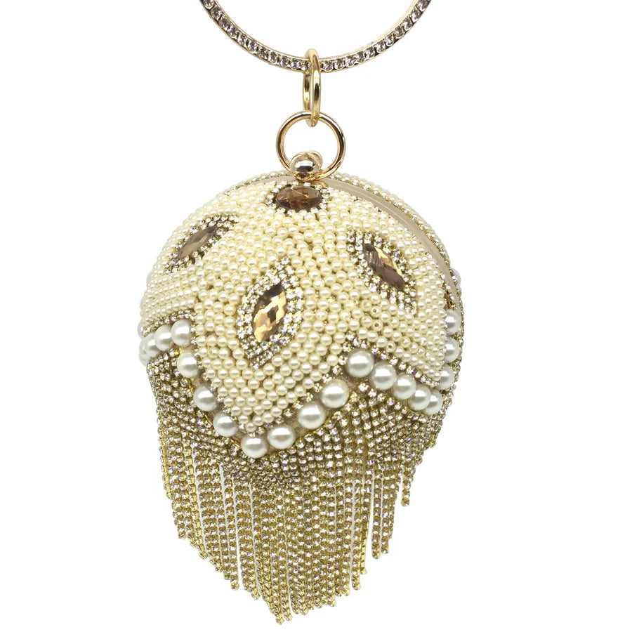 gold silver rhinestone solid color tassel pearl round evening bags
