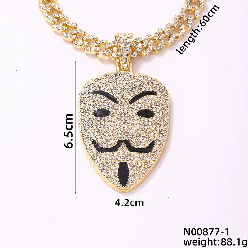 Wholesale Jewelry Hip-Hop Retro Mouth Letter Mask Copper Rhinestones K Gold Plated Rhodium Plated Plating Inlay Pendant Necklace Cuban Link Chain Curb Chain