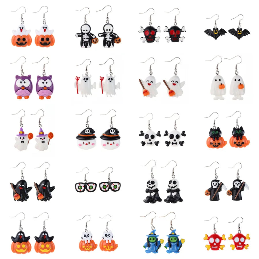Halloween Series  Ear Rings Scary Funny Personality Skull Spider Ghost Pumpkin Resin Earrings Dangle