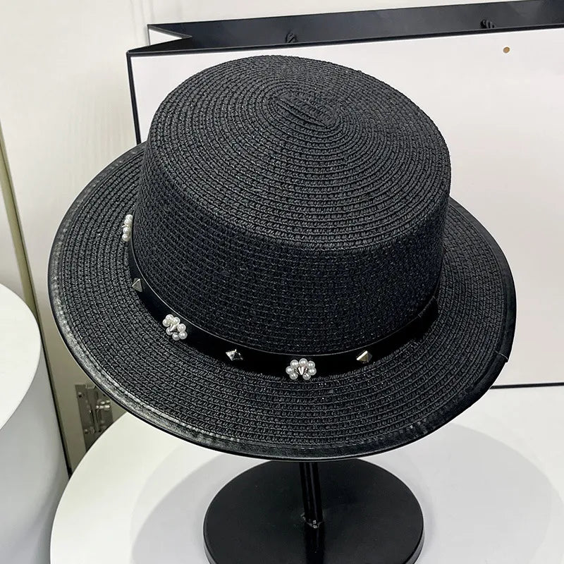 women's simple style flower flat eaves straw hat