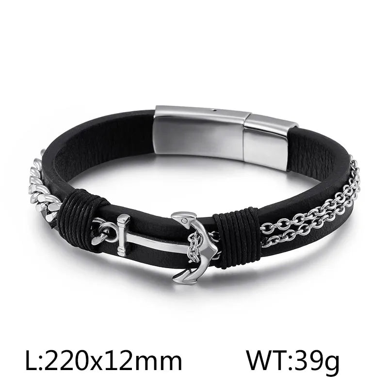 hip-hop retro color block pu leather titanium steel braid men's bracelets