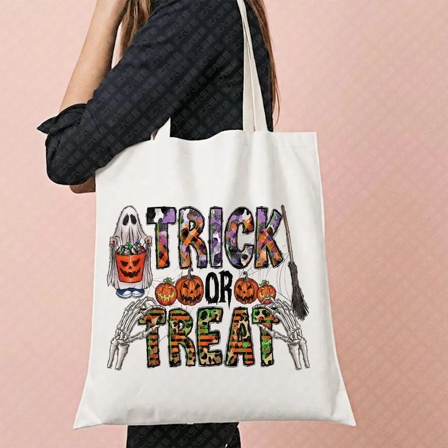Scary Cat Halloween Pumpkin Pattern Canvas Tote Bag Reusable Shopping Bag Large Square Shape Double Shoulder Strap Tote Bag