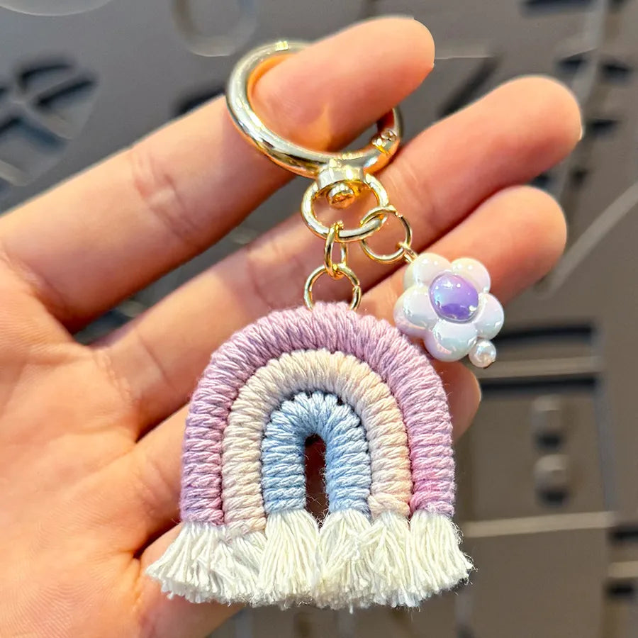 Cute Metal Keychain Pendant Beaded Bookbag Girl's Bag Charm  Style Cartoon Design Half Handmade Flower