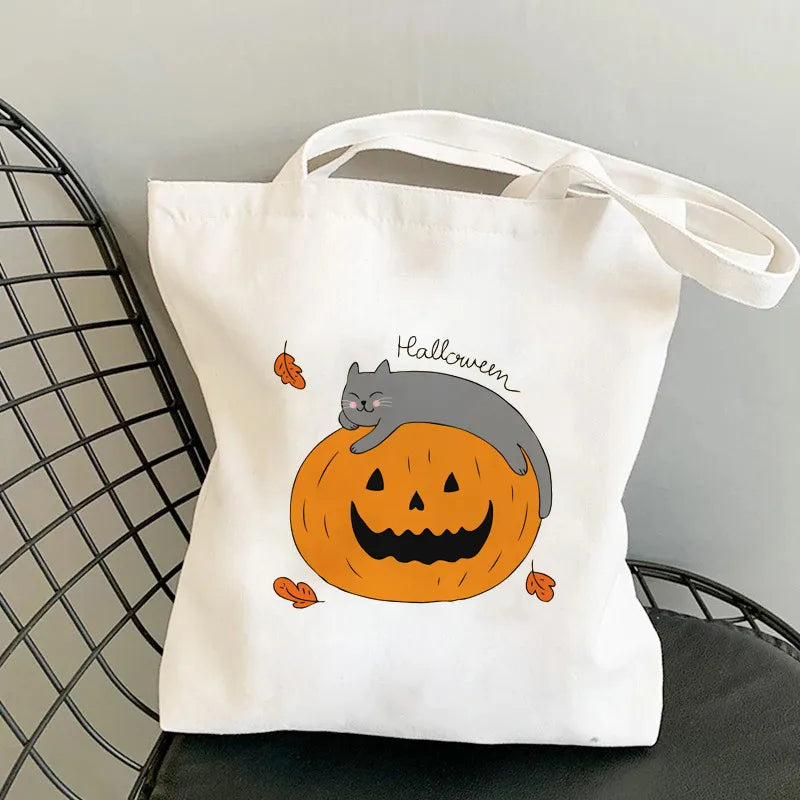 Halloween Women's Medium Canvas Pumpkin Cat Cute Square Open Underarm Bag