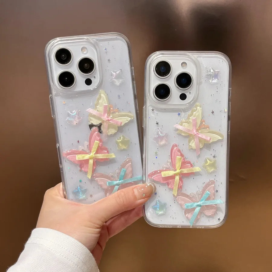 Trendy Butterfly Knot Silk Ribbon Phone Case For iPhone 16 Apple 15/14 Pro Max Women's 13 Silicone Transparent Color Drip Glue