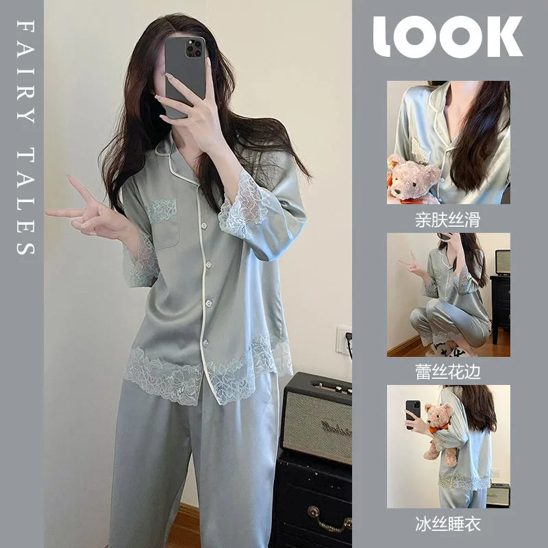 Pure Color Lace Splice Smooth Ice Silk Sleepwear Set Women Long Sleeve Long Pants Two Piece Set High-End Sensation Home Clothes