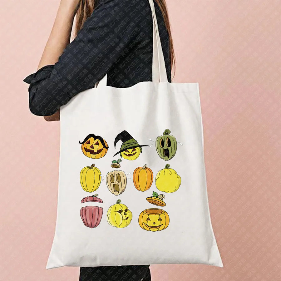 Halloween Witch Pattern Canvas Tote Bag Reusable Shopping Bag For Commuting Traveling Women Large Square Fashionable Bag