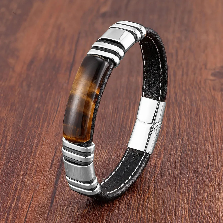 hip-hop punk rectangle pu leather stone metal handmade metal button men's bracelets