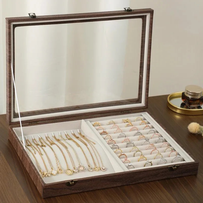 Retro Style Wooden Texture Leather Jewelry Box With Glass Lid Dustproof Storage For Rings Necklaces Bracelets Accessories Display