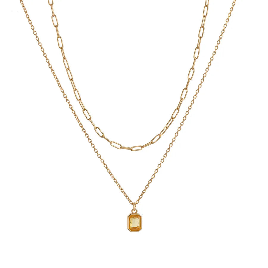 Wholesale Jewelry Lady Simple Style Shiny Rectangle 304 Stainless Steel Zircon 18K Gold Plated Paperclip Chain cable chain Double Layer Necklaces