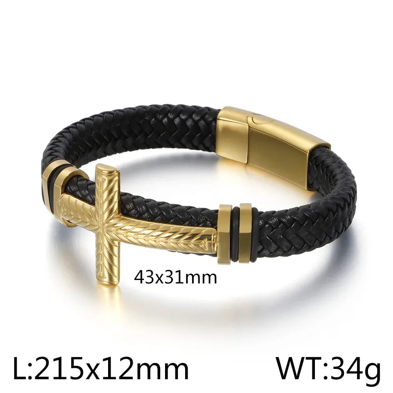 1 piece fashion cross cowhide titanium steel plating men's bangle