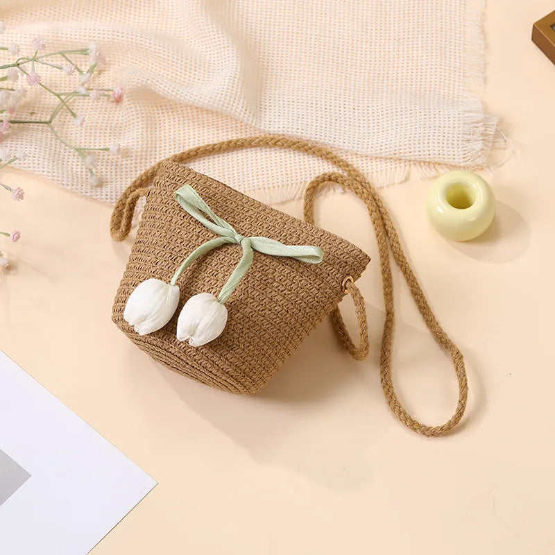 Summer Beach Seaside Tulip Straw Woven Bag  New Children Flower Straw Bag Mobile Phone Crossbody Bag