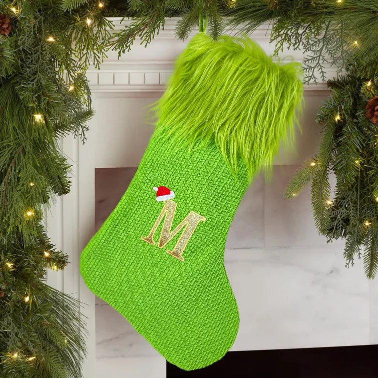 Christmas Decorations Knitted Plush Christmas Socks Letter Patterned Gift Bag Green Velvet Stockings Festive European Style