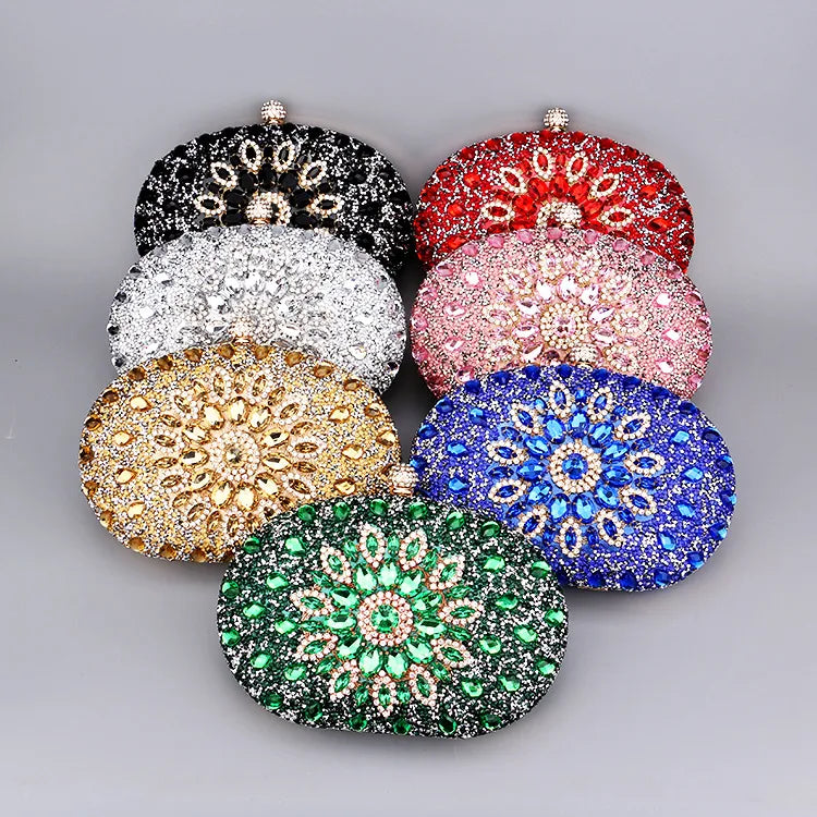 red green blue pu leather polyester flower rhinestone oval evening bags