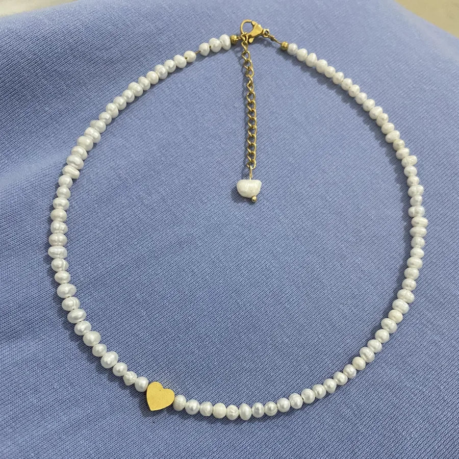 Freshwater Pearl Titanium Steel Beaded Chain Heart Shape Necklace