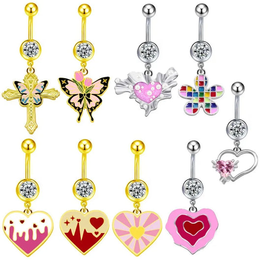 1 Piece Belly Rings Sexy Heart Shape Flower Butterfly 316L Stainless Steel  Alloy Enamel Plating Inlay Rhinestones White Gold Plated