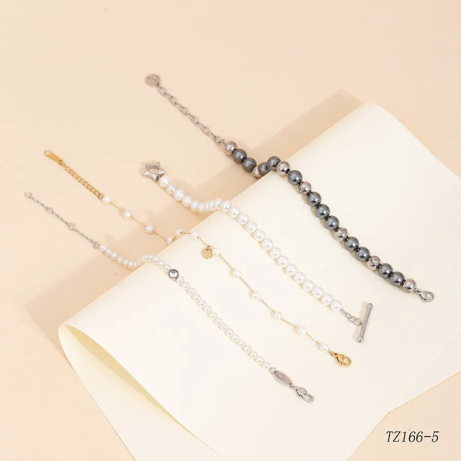 Simple Style Geometric Zircon Imitation Pearl Titanium Steel Beaded Chain Beaded Bracelets Wholesale