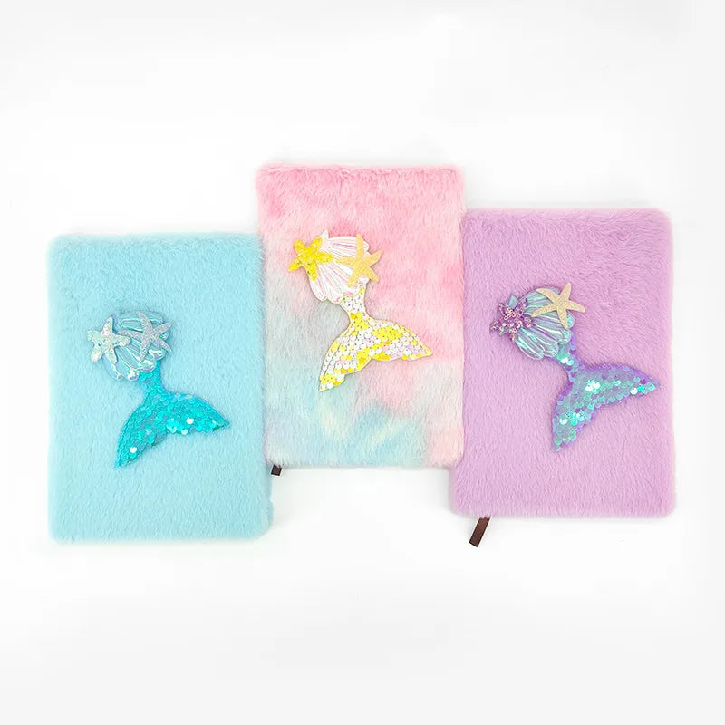 Mermaid Tail Shiny Sequin Plush Notebook A5 Size 80 Pages Cute Cartoon Style Memory Book Diary Gift For Girls