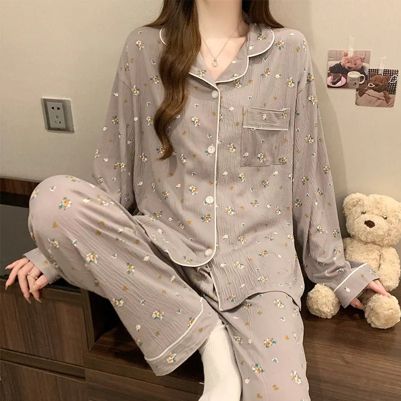 Spring Edition Pleated Fabric Sleepwear Long Sleeve Home Clothes Set For Women Sweet Cute Style Casual Breathable Polyester Milk Silk