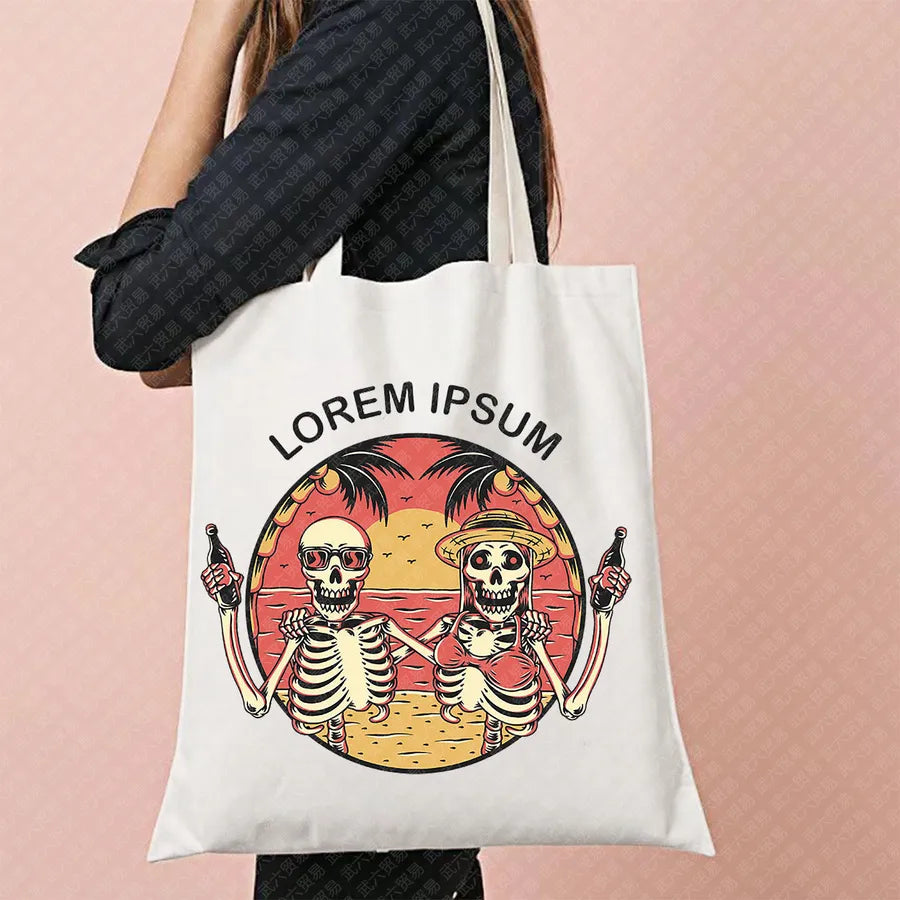 Scary Cat Halloween Pumpkin Pattern Canvas Tote Bag Reusable Shopping Bag Large Square Shape Double Shoulder Strap Tote Bag