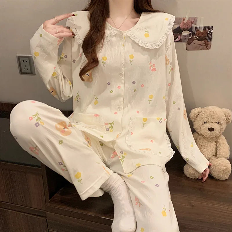 Sweet Cherry Cloud Cotton Long Sleeve Spring Home Clothes Set For Girls Comfortable Breathable Sleepwear Casual Style
