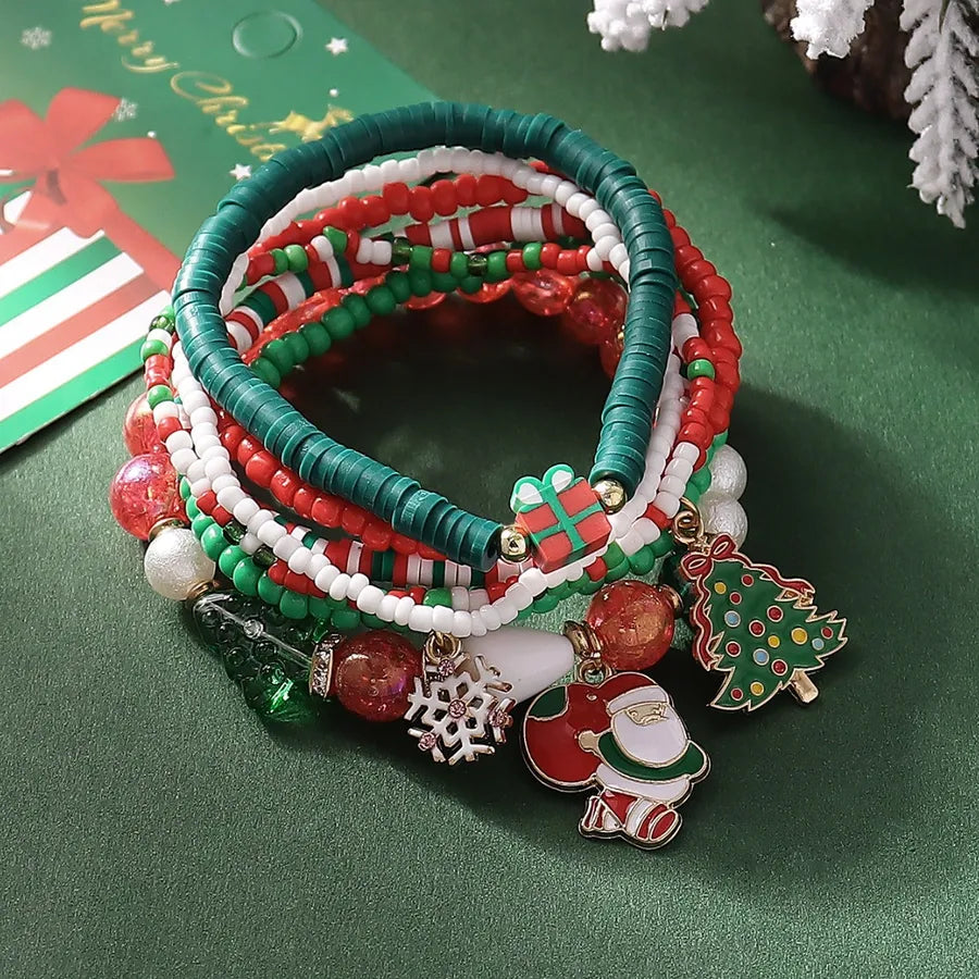 Christmas Theme Soft Clay Beaded Elastic Bracelet Set Pendant Hand Chain Multicolor Retro Animal Style Resin Craft For Women