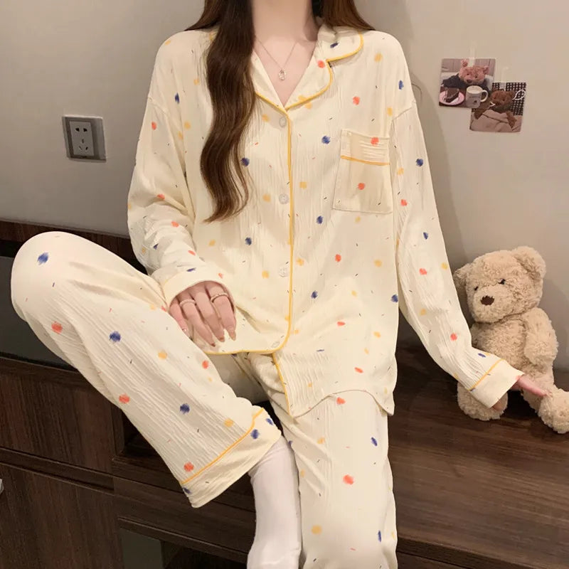 Sweet Girl Heart Print Open Cardigan Sleepwear Long Sleeve Crepe Home Clothes Set Spring New Style Casual Breathable Polyester