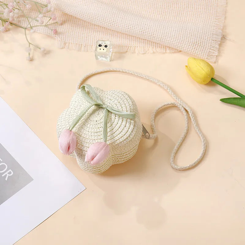 Summer Beach Seaside Tulip Straw Woven Bag  New Children Flower Straw Bag Mobile Phone Crossbody Bag