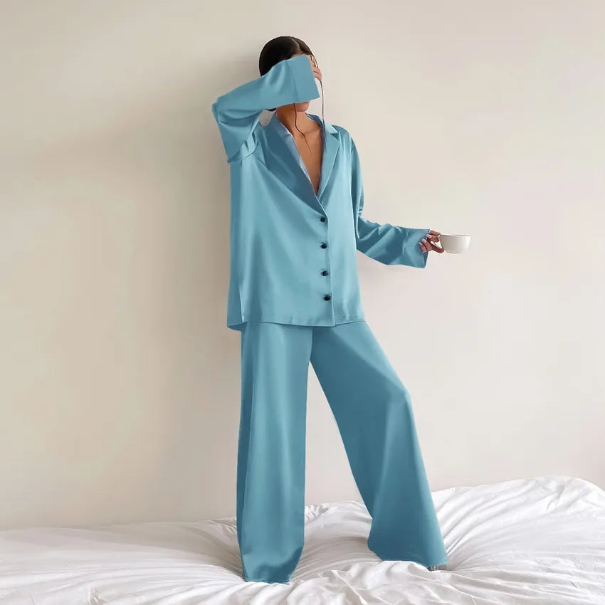 women's fashion solid color imitated silk polyester pants sets