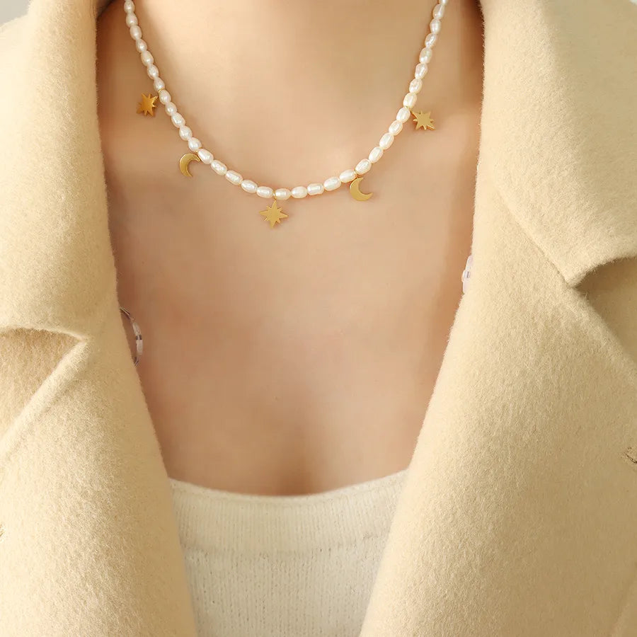 elegant luxurious baroque style star moon freshwater pearl titanium steel plating 18k gold plated necklace