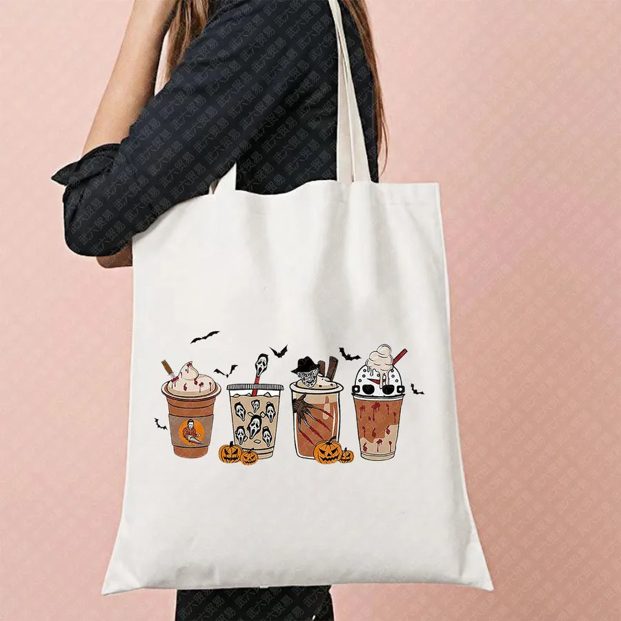 Scary Cat Halloween Pumpkin Pattern Canvas Tote Bag Reusable Shopping Bag Large Square Shape Double Shoulder Strap Tote Bag