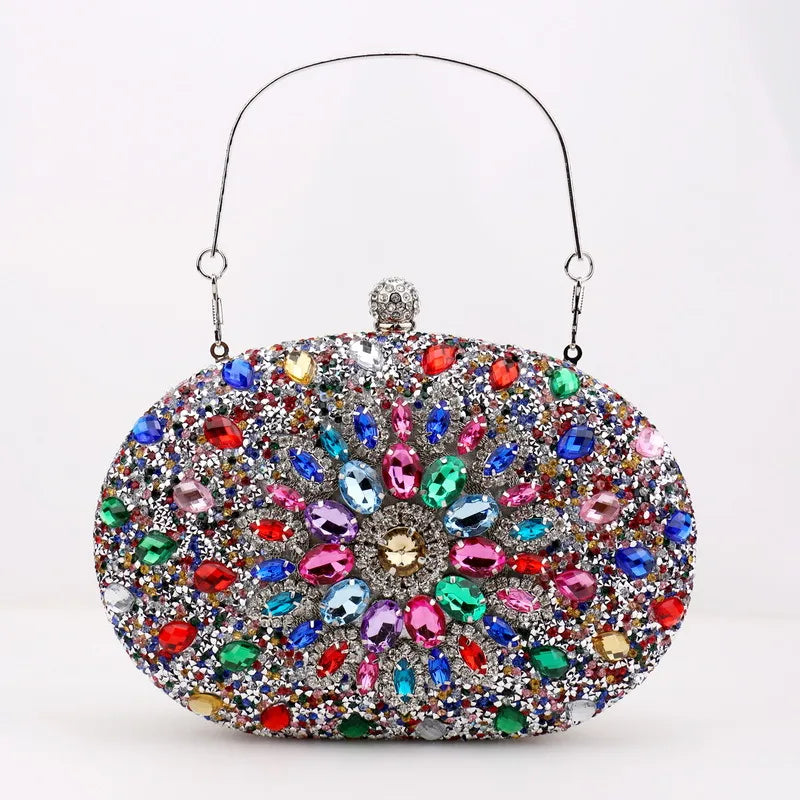 red green blue pu leather polyester flower rhinestone oval evening bags