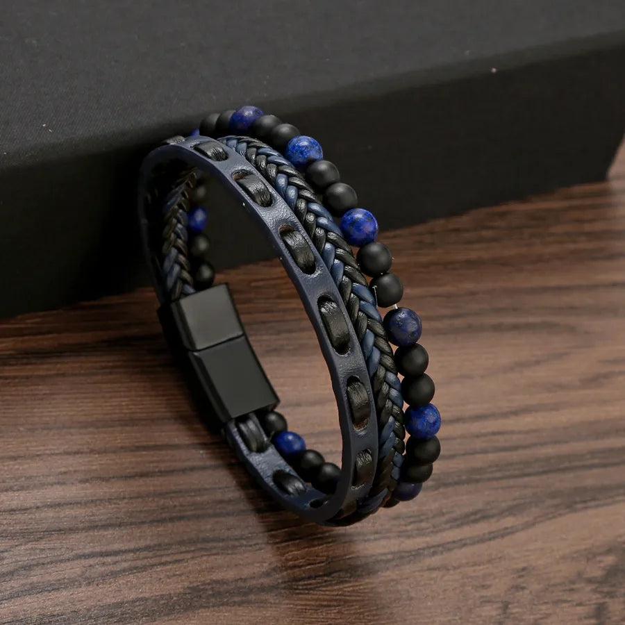 vintage style classic style twist pu leather natural stone handmade men's bangle