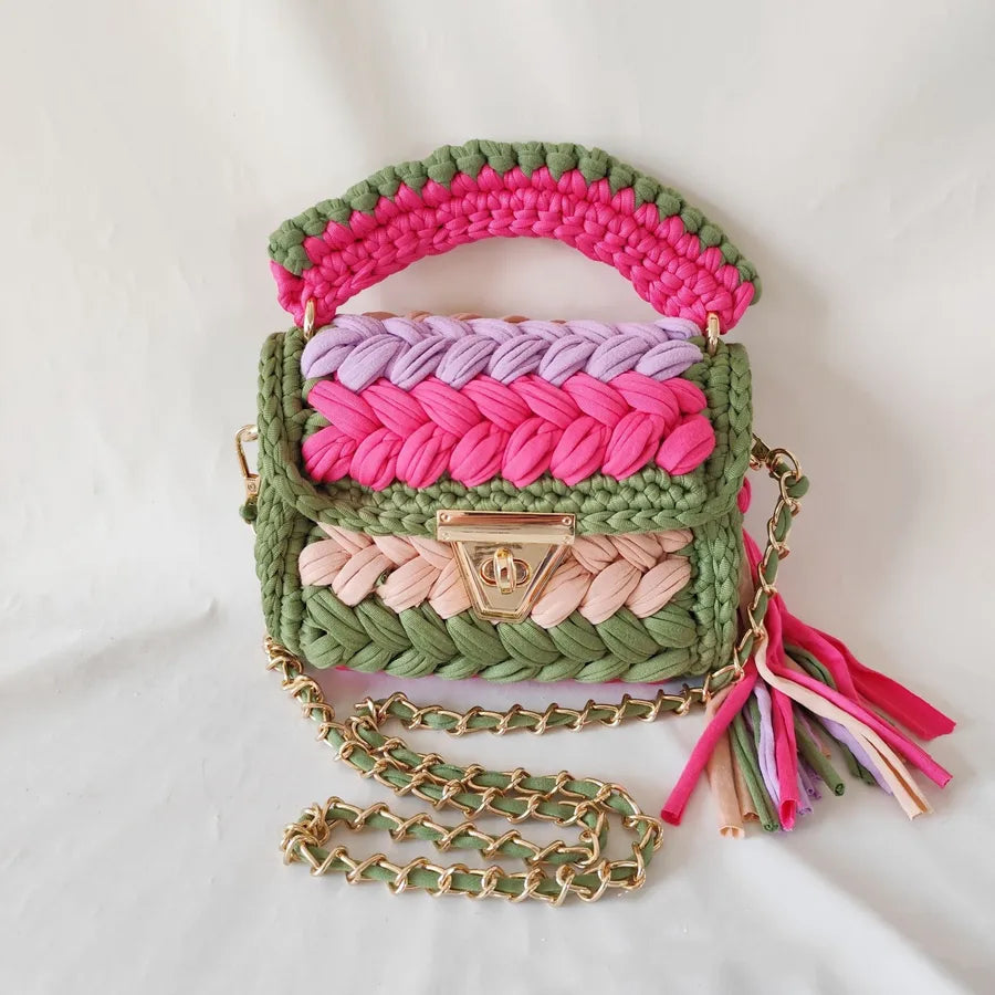 New Handmade Woven Color Contrast Patchwork Color Chain Tassel Handbag Messenger Bag