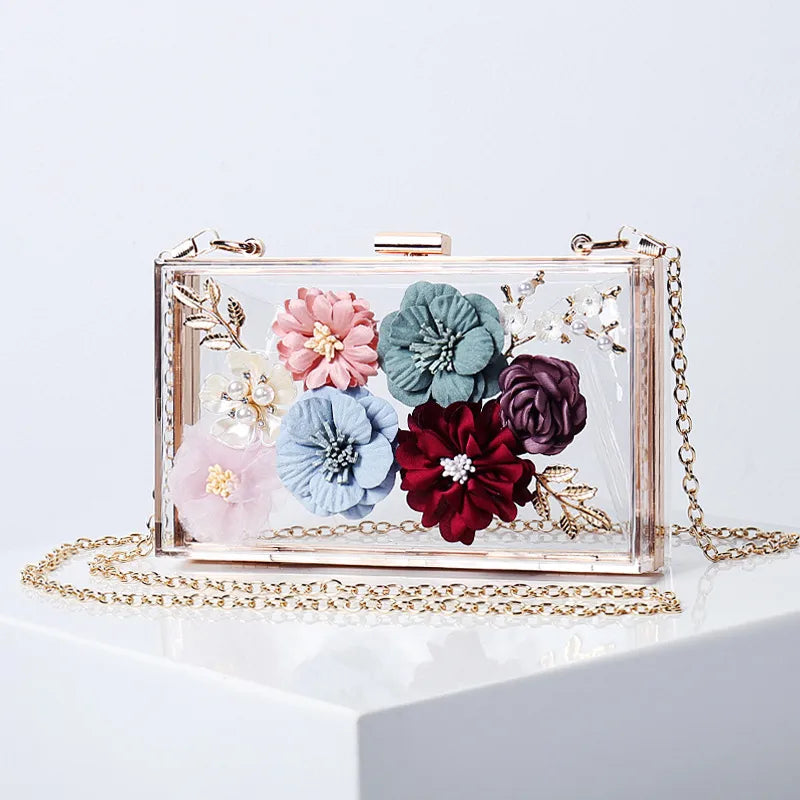 white blue black arylic flower square evening bags