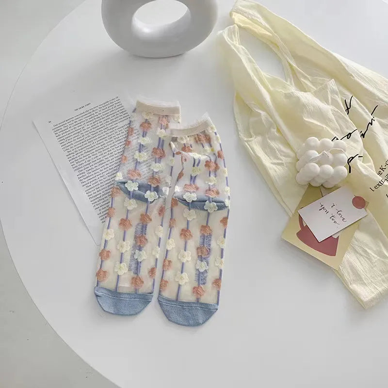 5 Pairs Per Pack Cute Modern Style Women's Flower Cotton Crystal wire Crew Socks