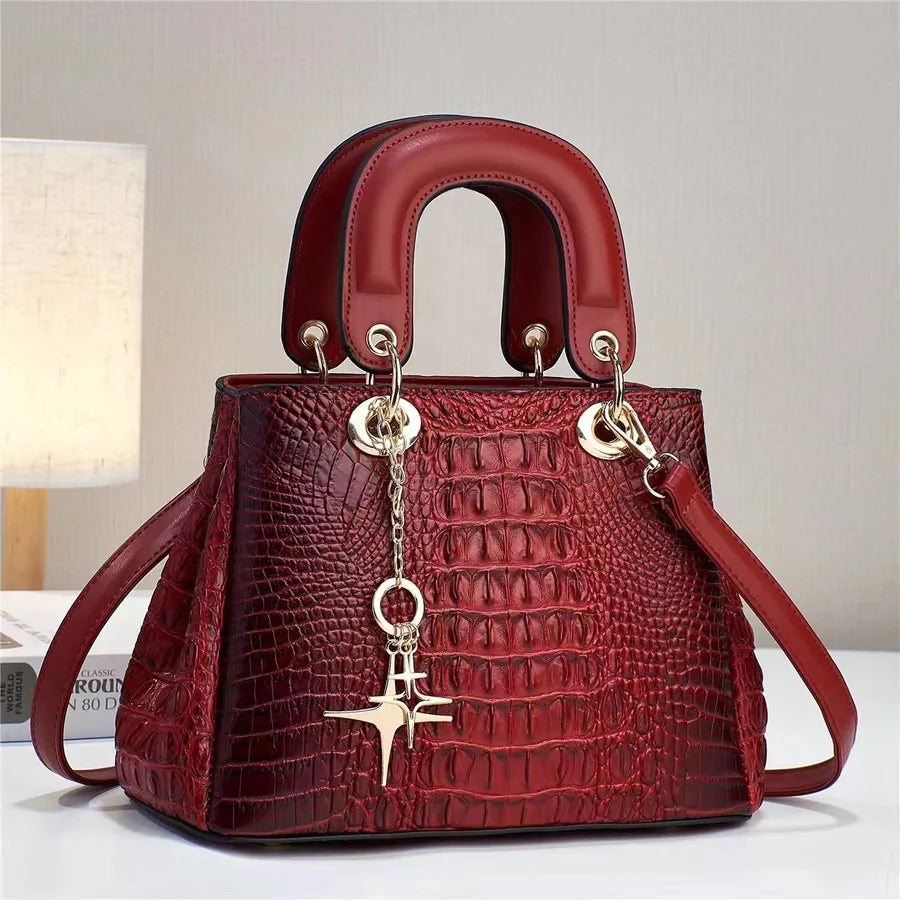 Women's Pu Leather Crocodile Elegant Sewing Thread Bucket Zipper Handbag