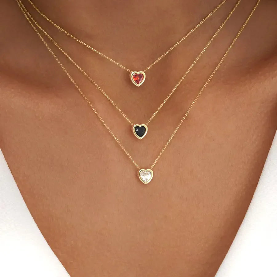 Wholesale Jewelry Elegant Simple Style Classic Style Heart Shape 201 Stainless Steel Artificial Crystal Inlay Pendant Necklace cable chain